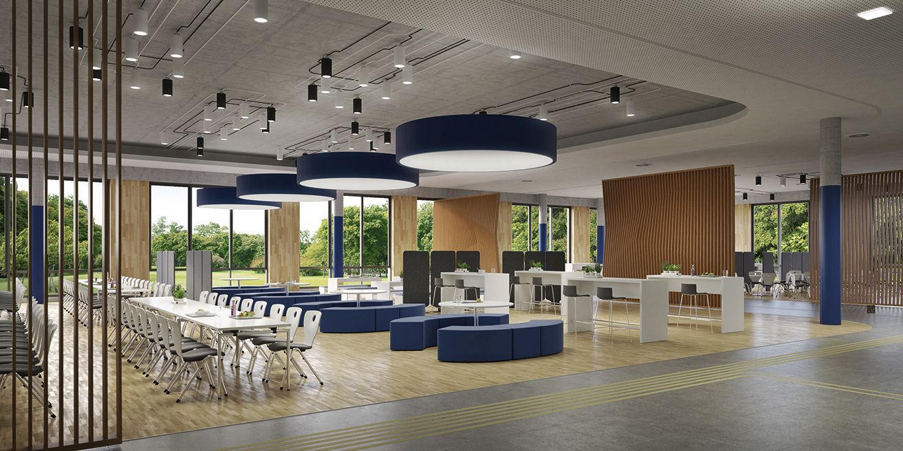 Canteen with VS furniture such as the upholstered Compass-VF, upholstered furniture from the Shift+ series and M-Table high tables