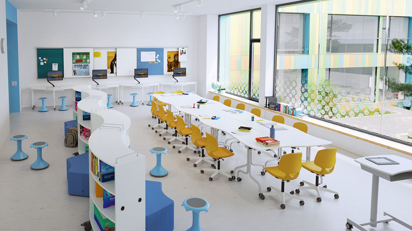 A learning space with VS furniture from the Shift+ series such as the FlipTable and mobile cabinets