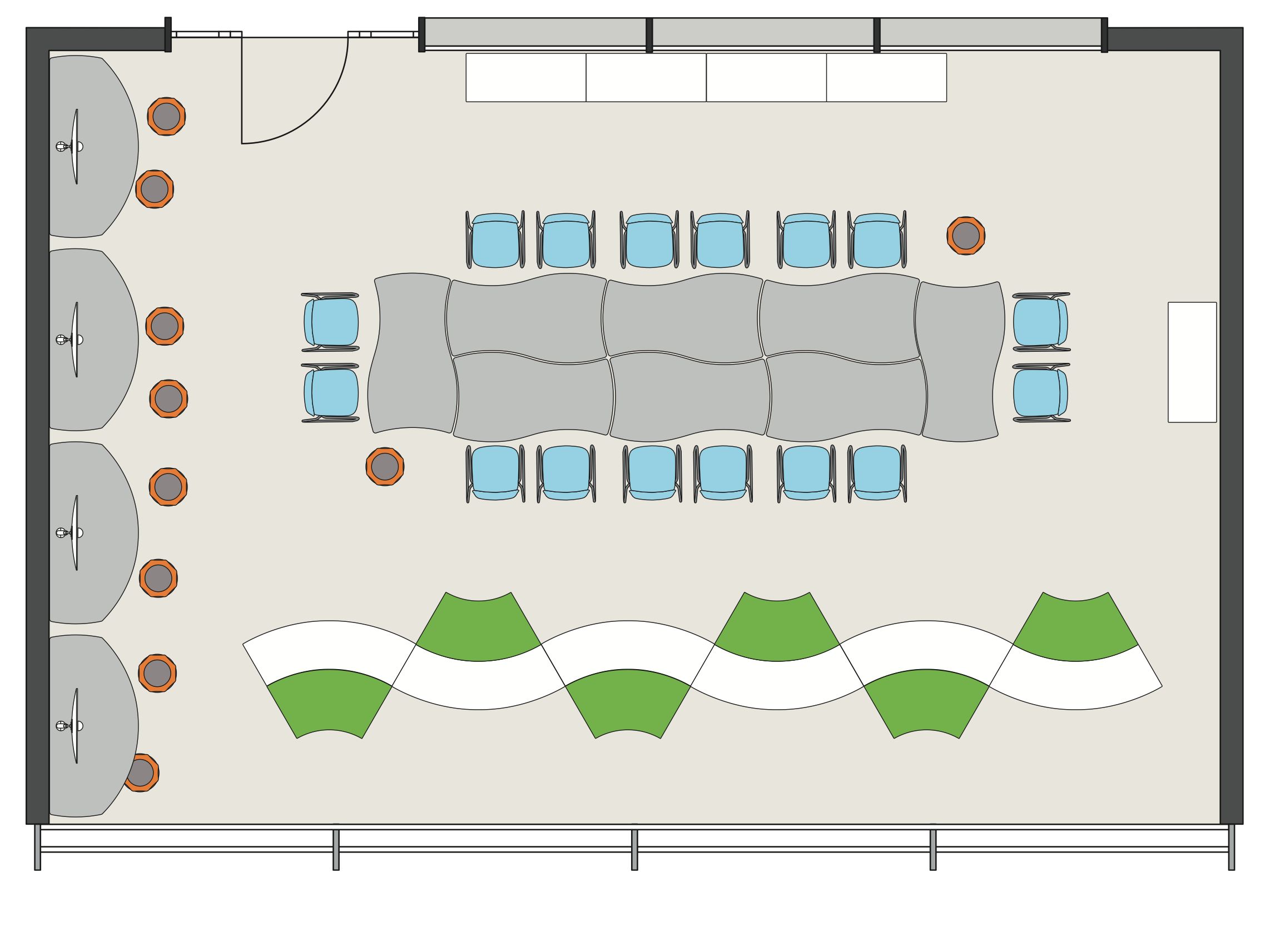 Room layout of a classroom with mobile Shift+ furniture by VS with various learning areas such as a large desk, computer workstations and a relaxed seating area