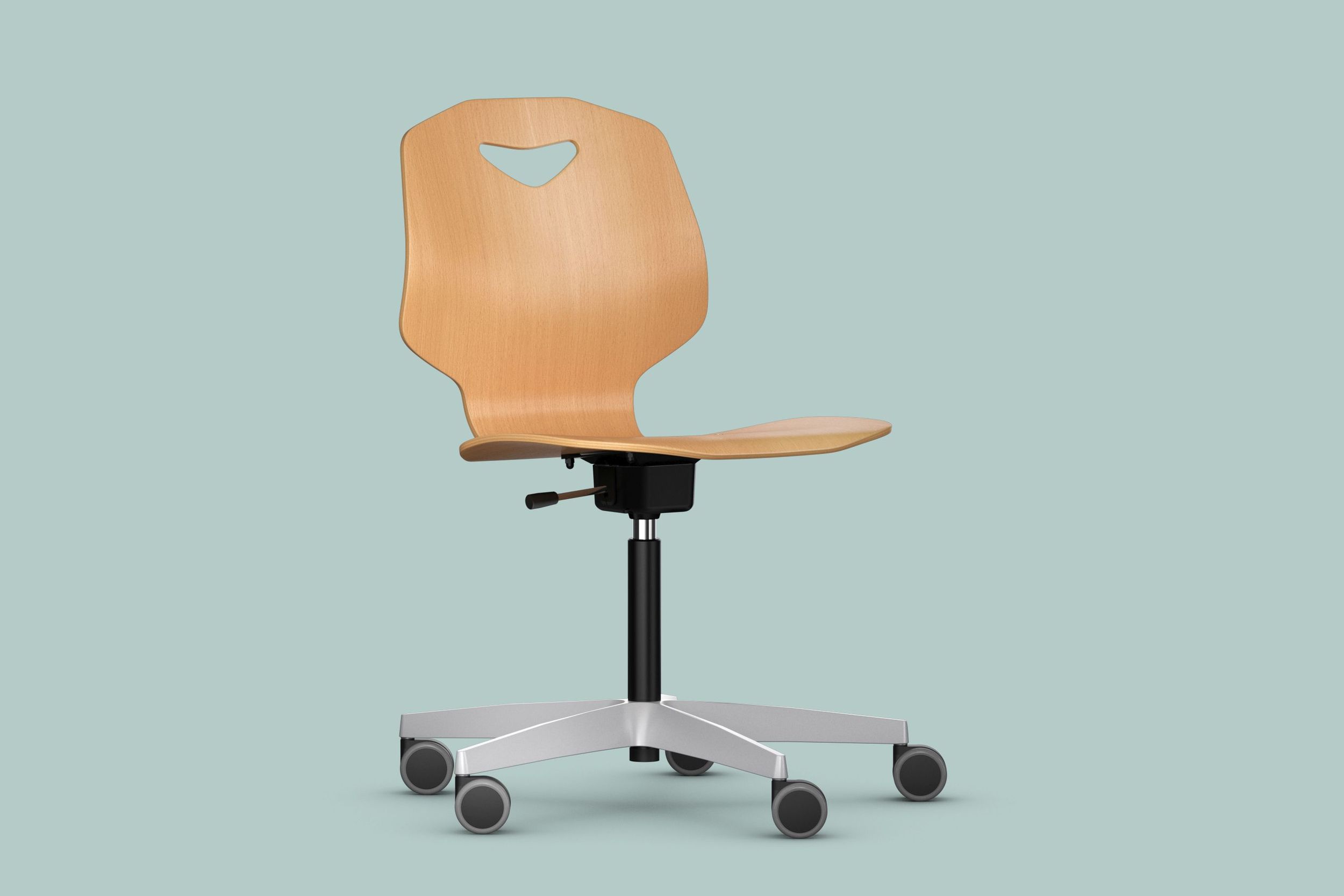 The JUMPER Ply Move by VS, a height-adjustable swivel chair with wooden seat shell