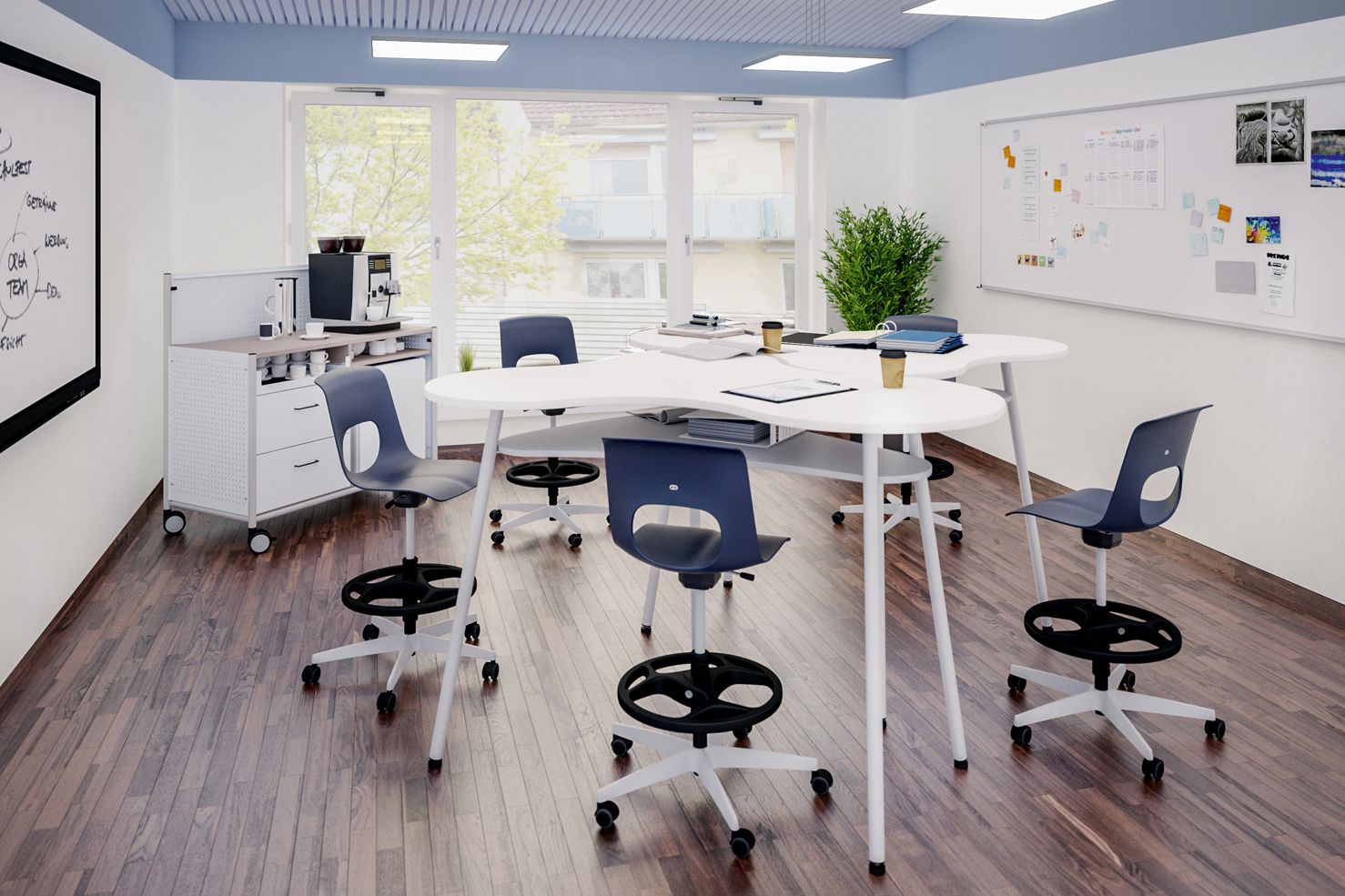 A meeting room with the TeamTable free-form table as a high table and NF-Move tall swivel chairs by VS