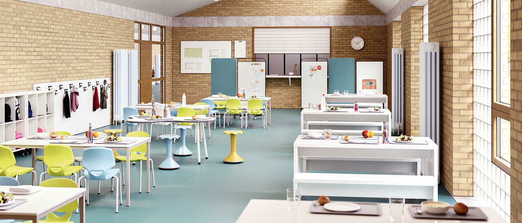 Eine von VS möblierte Cafeteria: Mit Schülerstühlen JUMPER Air Four, Hokkis, Schultischen EcoTable, Freiformtisch Puzzle und Wangentischen und -bänken M-Table und M-Bench