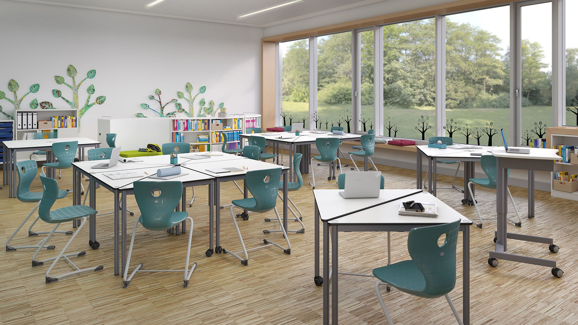 Classroom with triangular TriTable tables, which were arranged to form group tables in various shapes