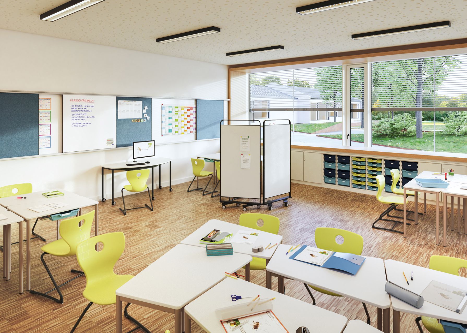 Students' skid tables by VS arranged in group tables in a classroom