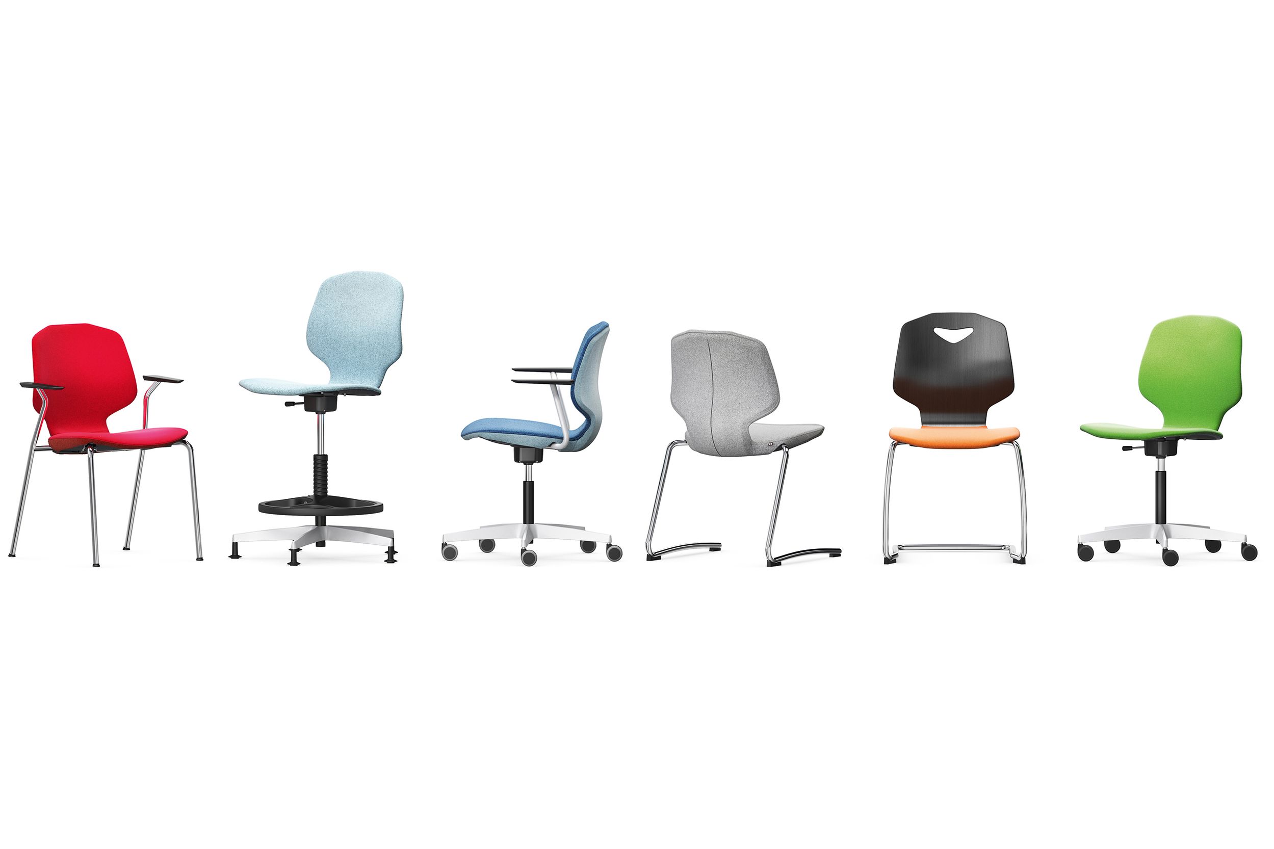 The six different frame designs of the upholstered office chair JUMPER by VS