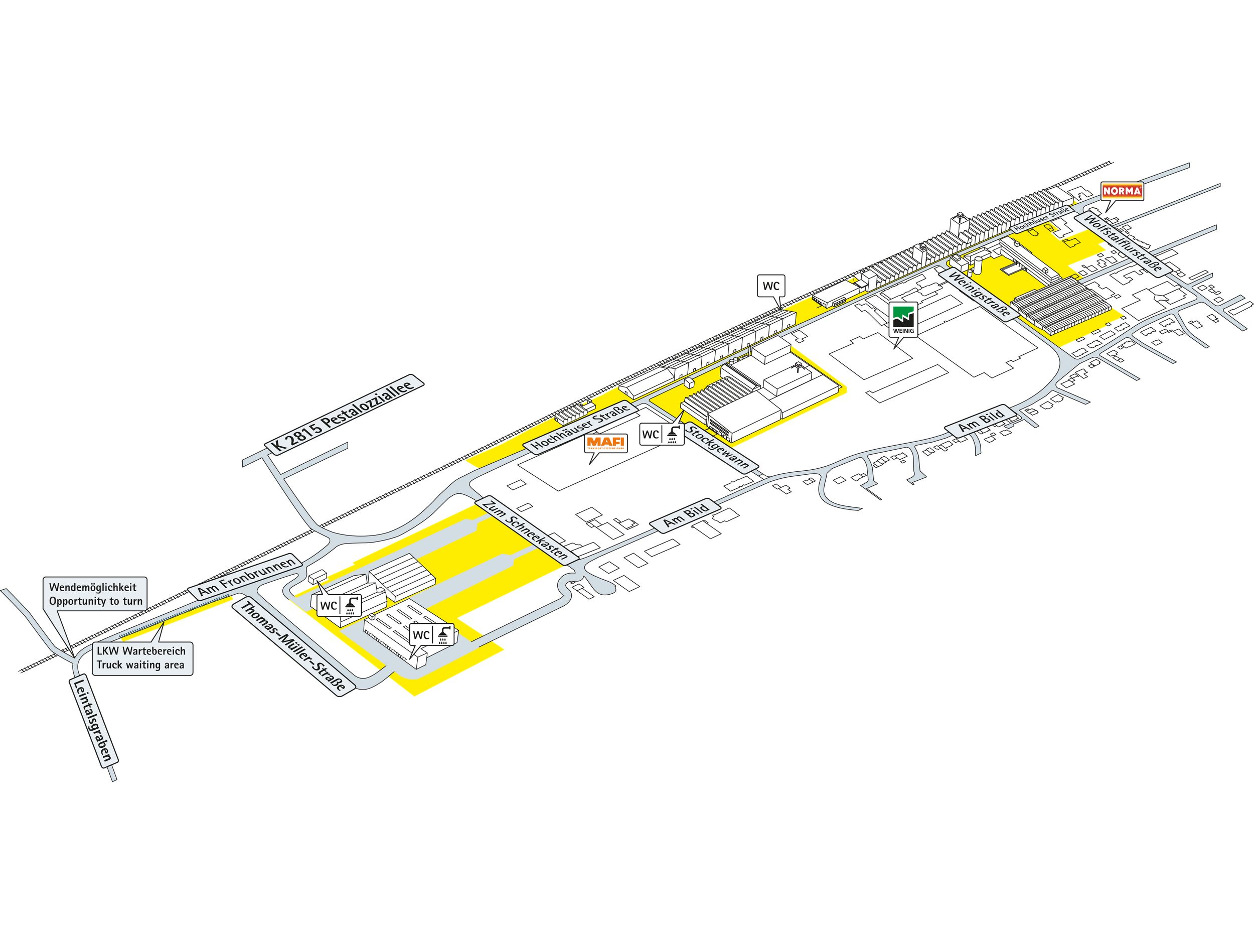 schematischer Lageplan der Anlagen der Firma VS Möbel in Tauberbischofsheim ohne Beschriftungen