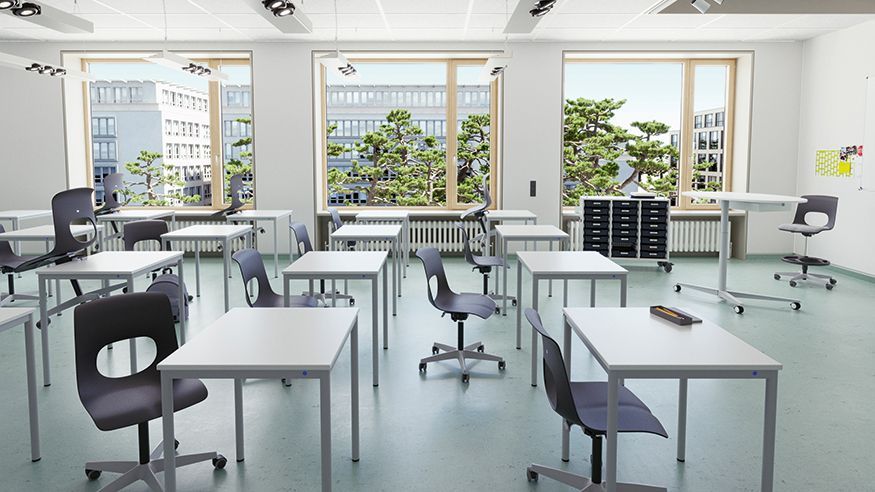 Ein Klassenzimmer mit Schülertischen und dem Schülerdrehstuhl NF-Move von VS