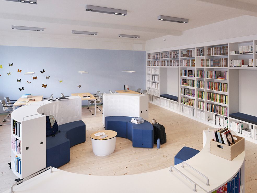 Study room with round Shift+ cabinets surrounding a seating area with Shift+ stools in the centre of the room