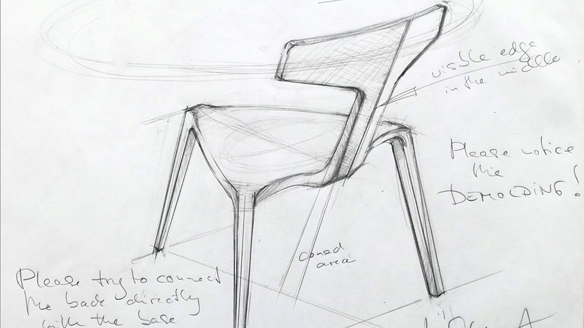 An early sketch for the multi-award-winning, sustainable chair Stakki, created by designer Martin Ballendat