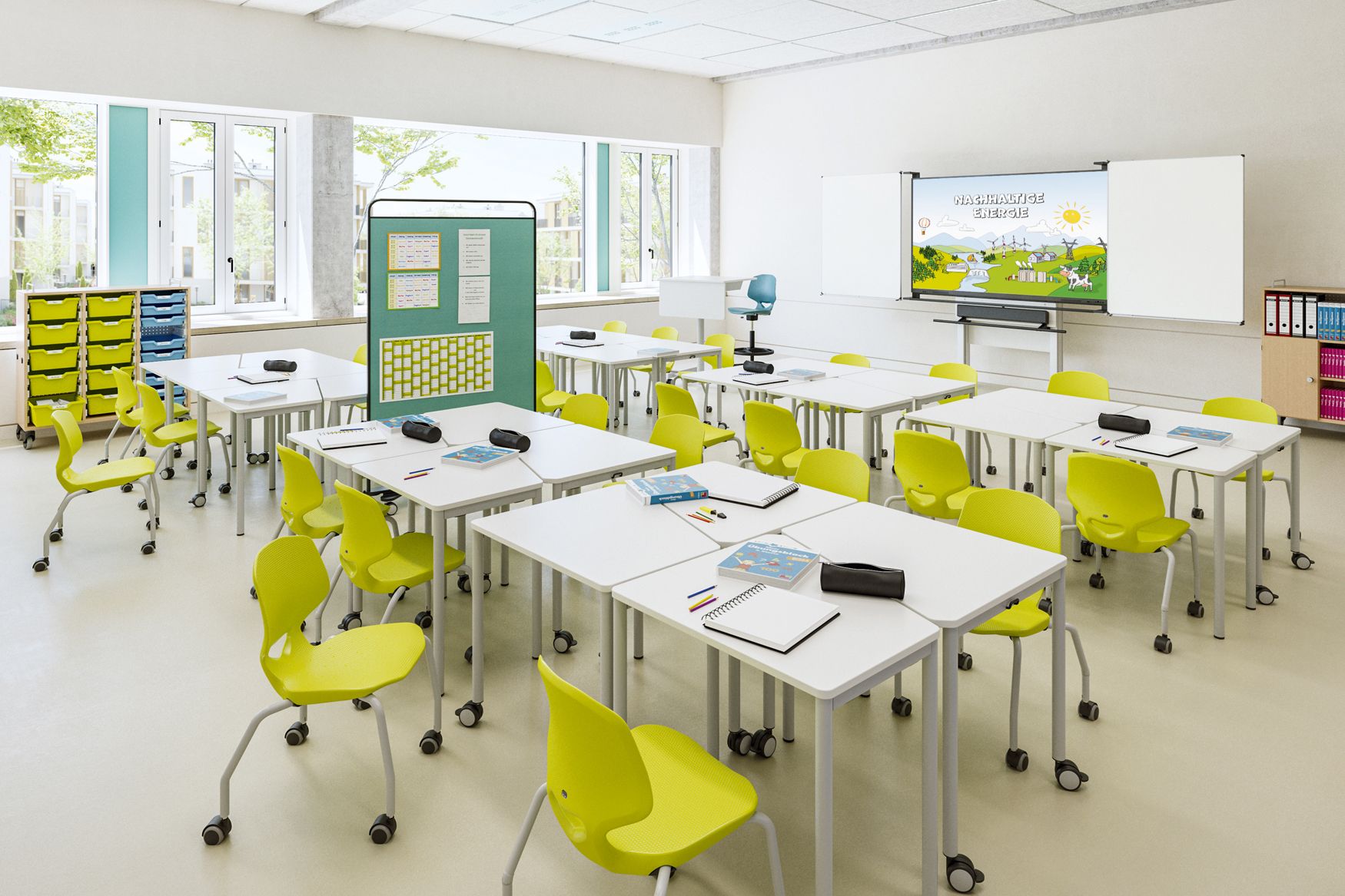 Salle de classe équipée de tables empilables Tano sur roulettes, de chaises JUMPER Air Four jaune-vert, d'un tableau d'affichage mobile et d'un écran interactif de VS