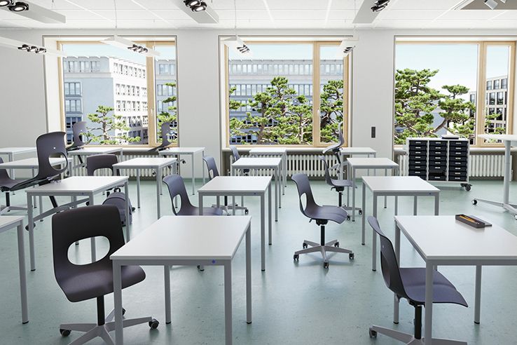 A classroom with student desks and the NF-Move student swivel chair by VS