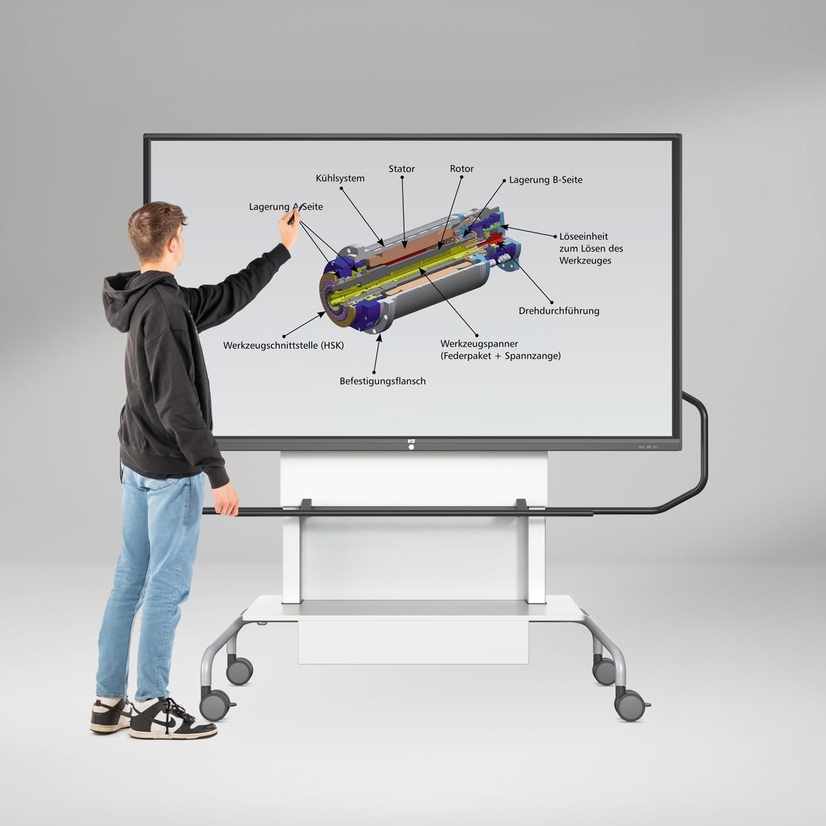 Ein Junge hält eine Präsentation am interaktiven Whiteboard InteractiveBasic von VS