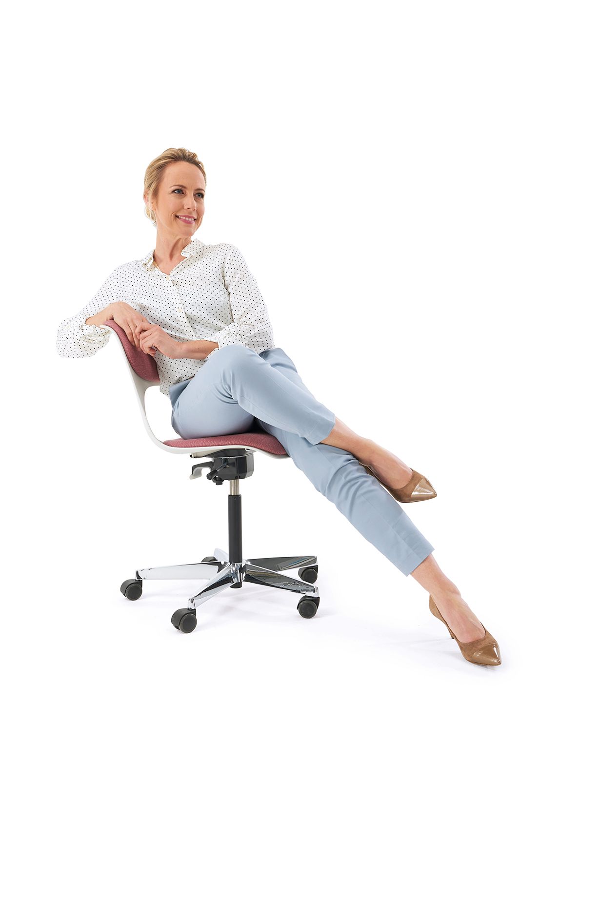 woman sitting on a grey-red, upholstered office swivel chair with castors and height adjustment