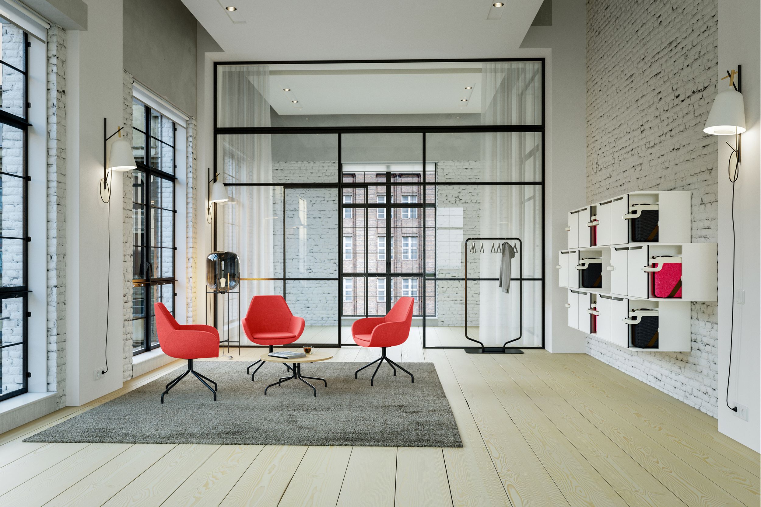 Modern meeting room with upholstered fan chairs and eddy lockers from VS.