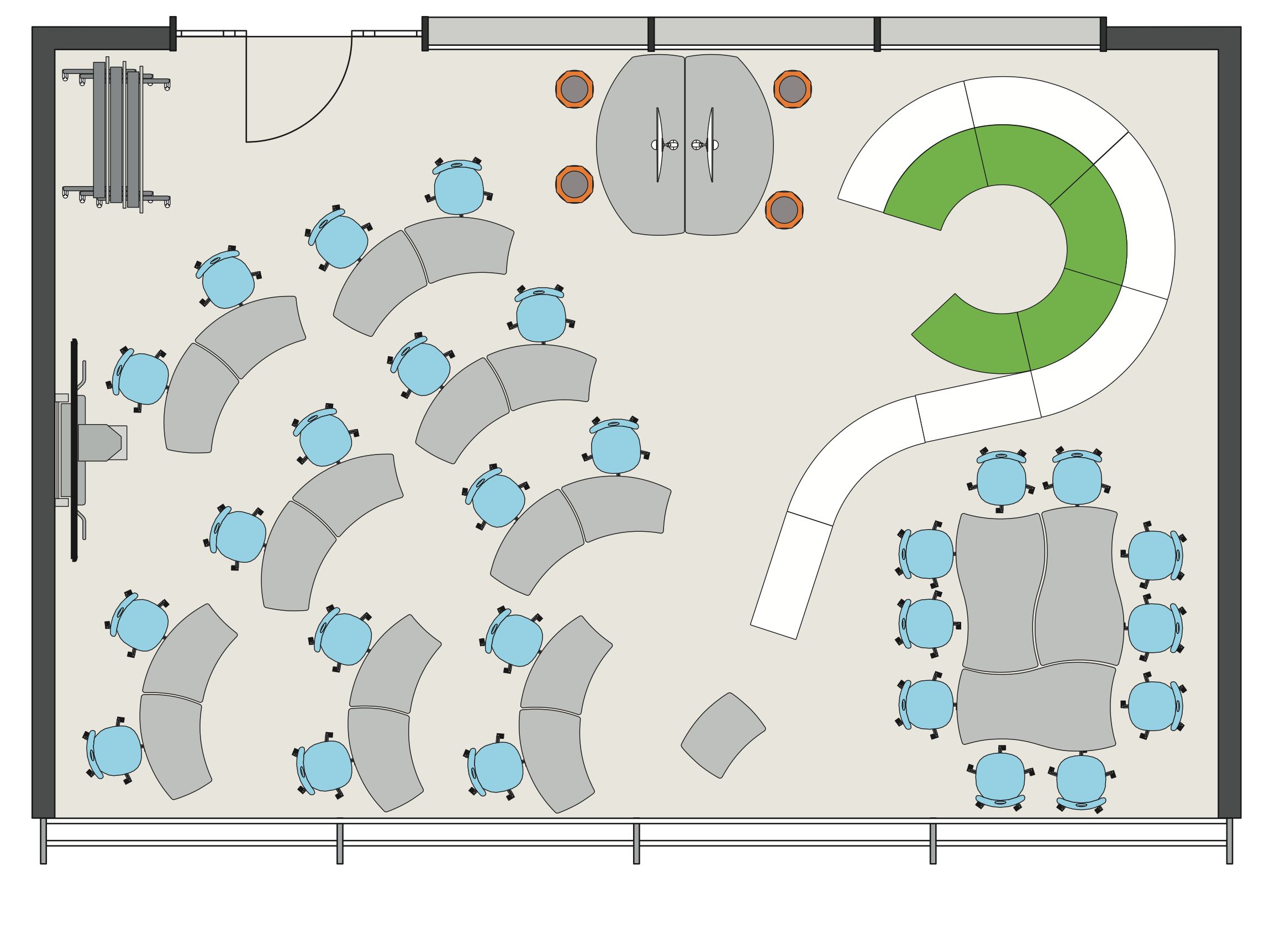 Room layout of a classroom with mobile Shift+ furniture by VS with different learning areas like standard classroom, group work, and a relaxed sitting area