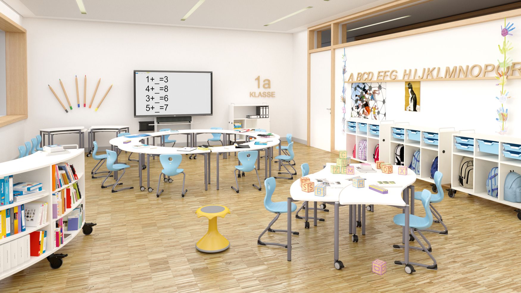 A 1st grade classroom with VS furniture from the Shift+ series, such as mobile cabinets and stackable desks