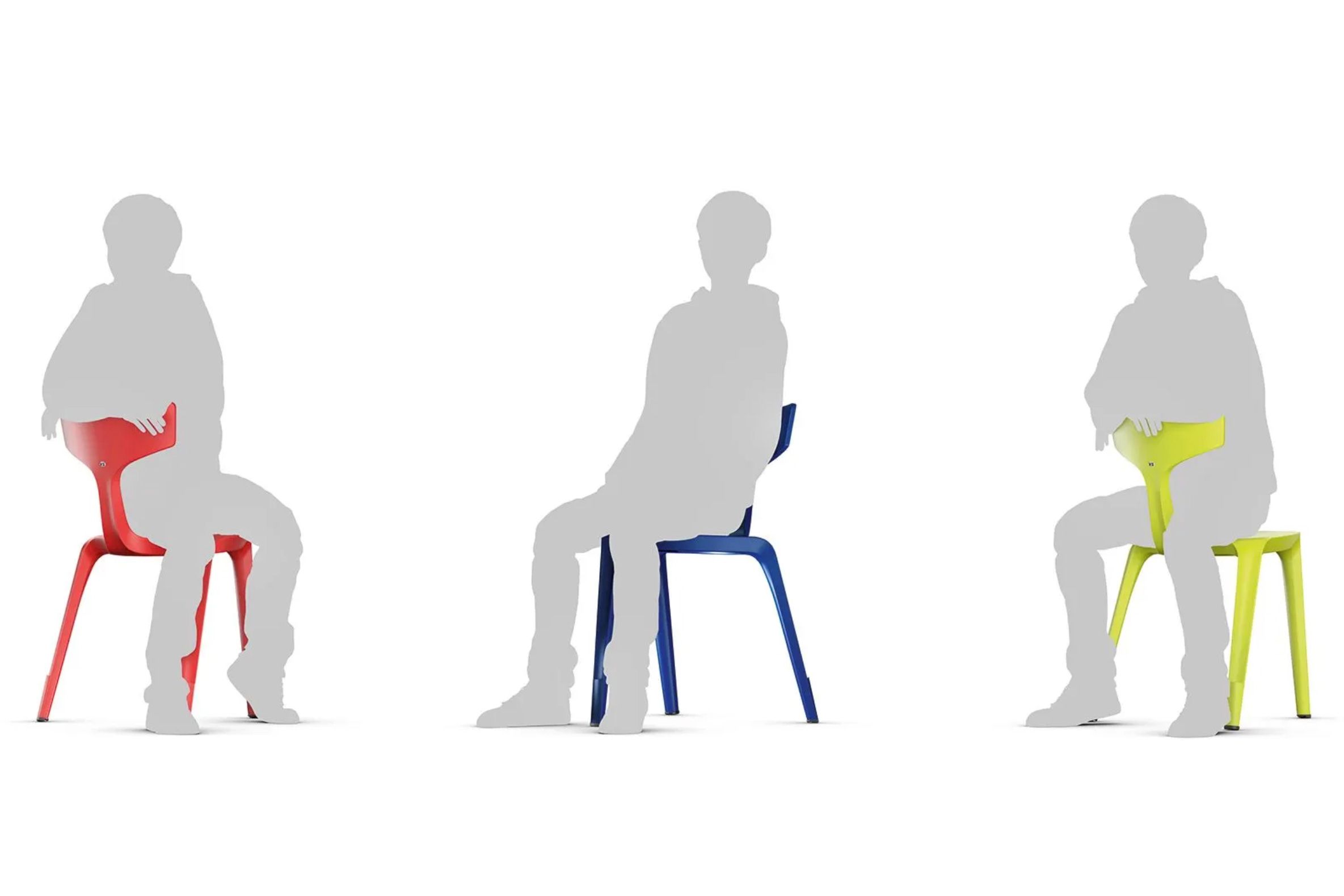 Schematic representation of the different sitting positions on the Stakki chair: facing forwards, sideways or sitting astride.