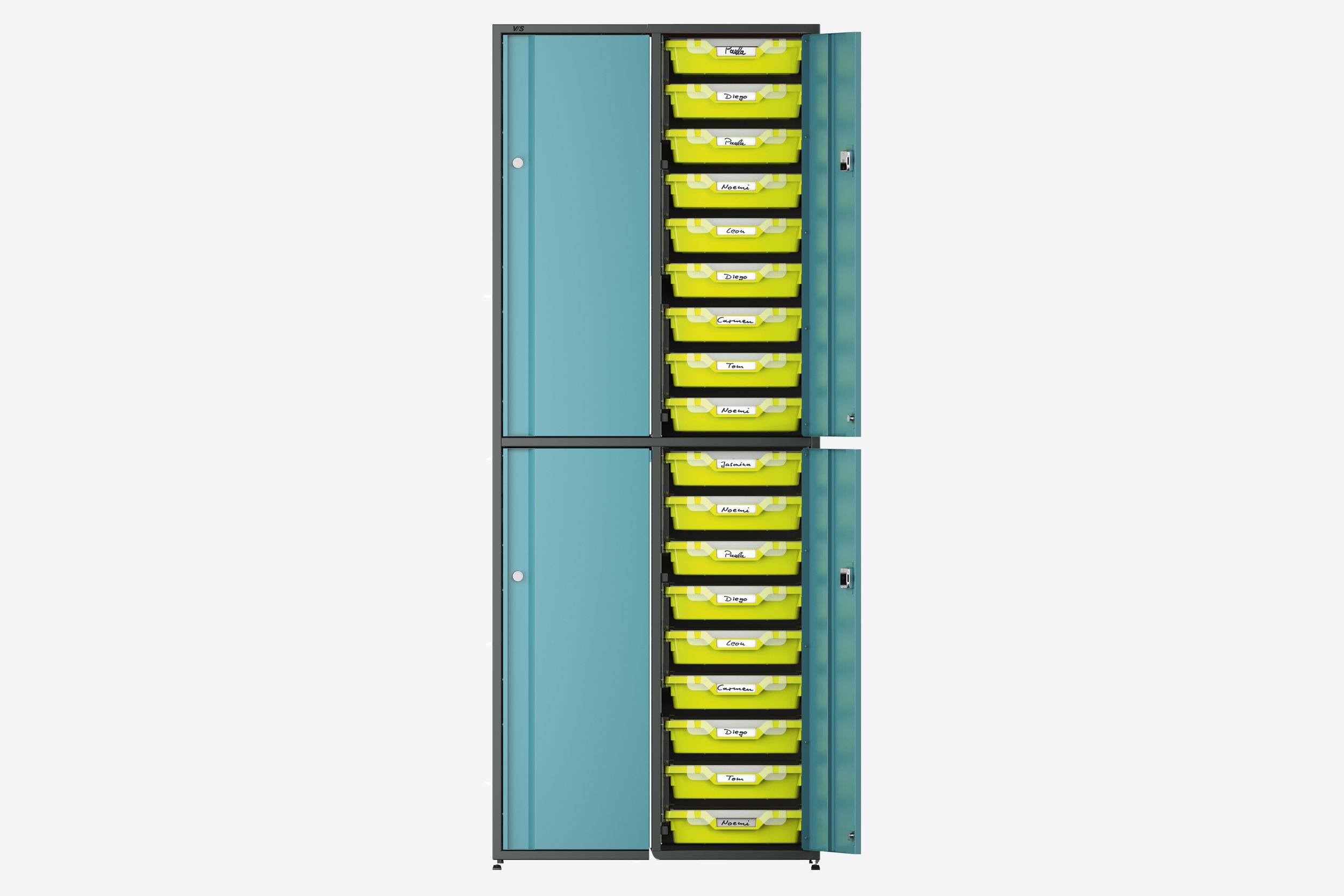 The SpaceStation stationary storage module with guide rails for Gratnells boxes behind cabinet doors