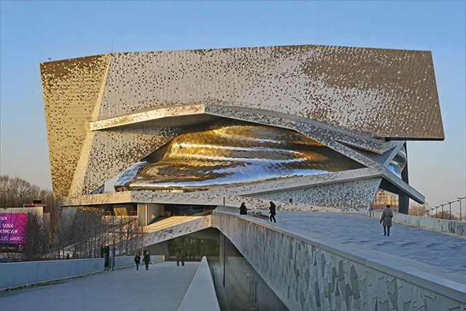 Exterior view of the Philharmonie in Paris, designed by French architect Jean Nouvel