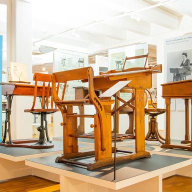 Historical school benches in the VS School Museum in Tauberbischofsheim