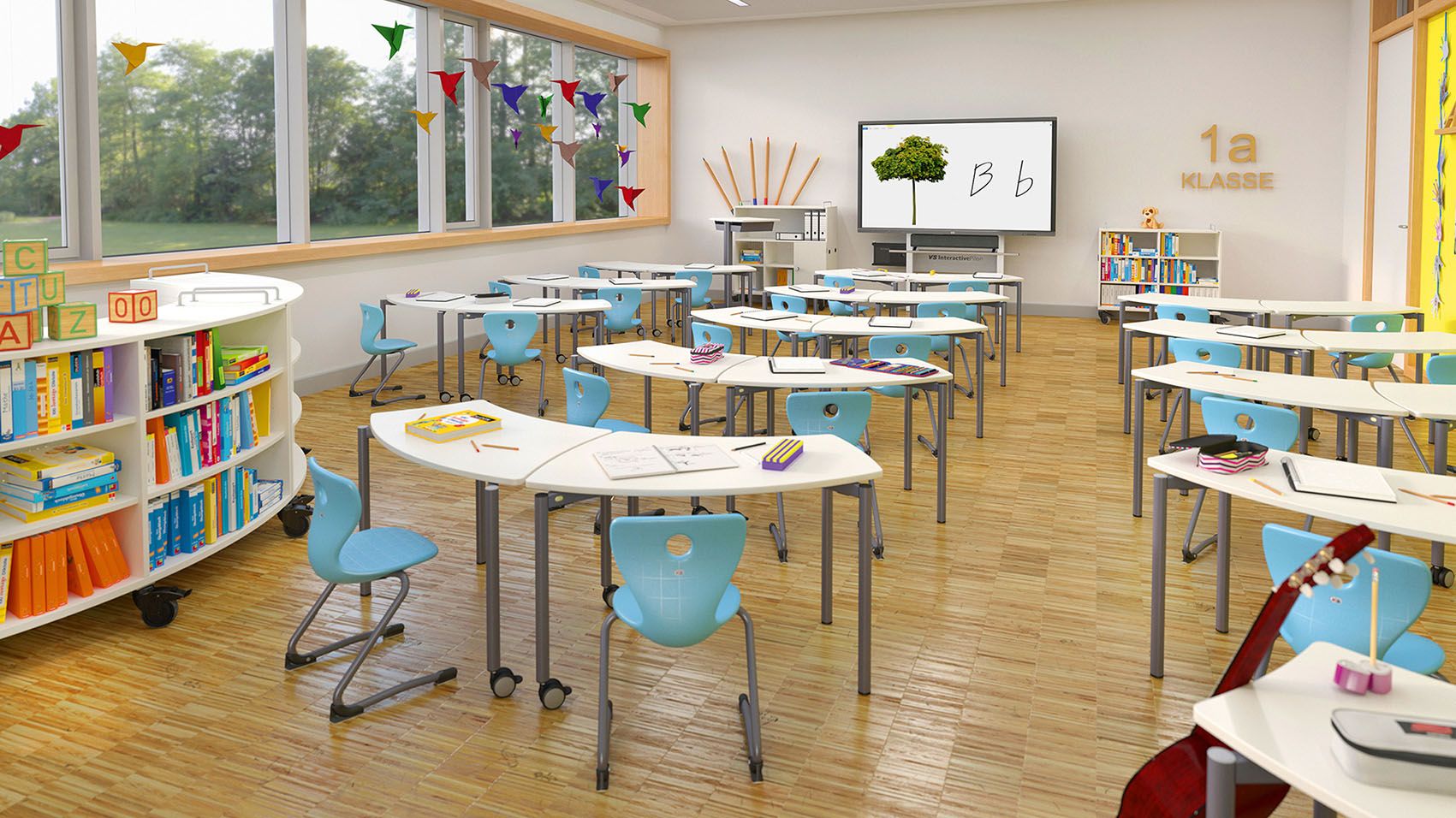 VS Shift+ desks and cabinets in a primary school classroom with an interactive whiteboard