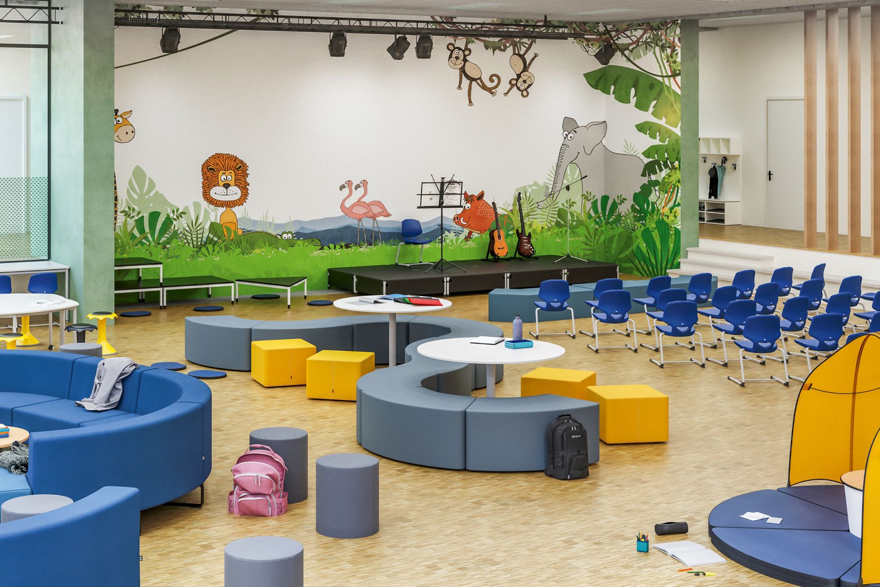 Salle polyvalente d'école primaire équipée d'une estrade Shift+-Up, de sièges rembourrés bleus, de chaises d'école et de tabourets jaunes de VS