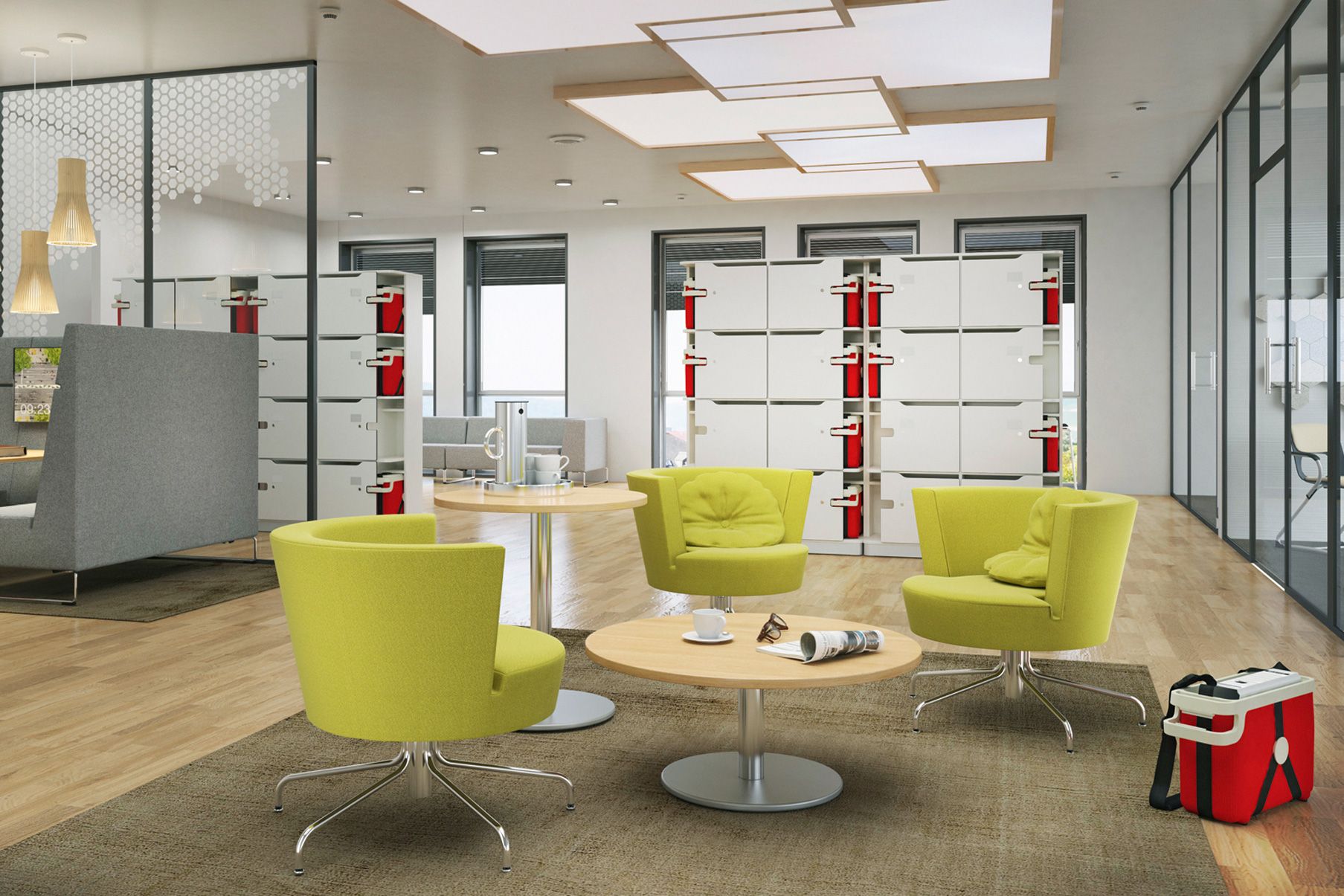 A seating area with LowBack armchairs by VS, with eddy-Lockin lockers in the background.