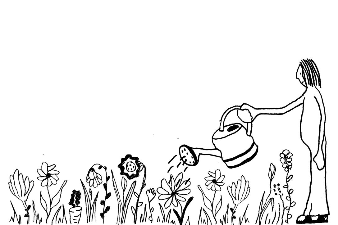 Schwarz-weiß-Illustration: Mensch mit Gießkanne gießt Blumenwiese.
