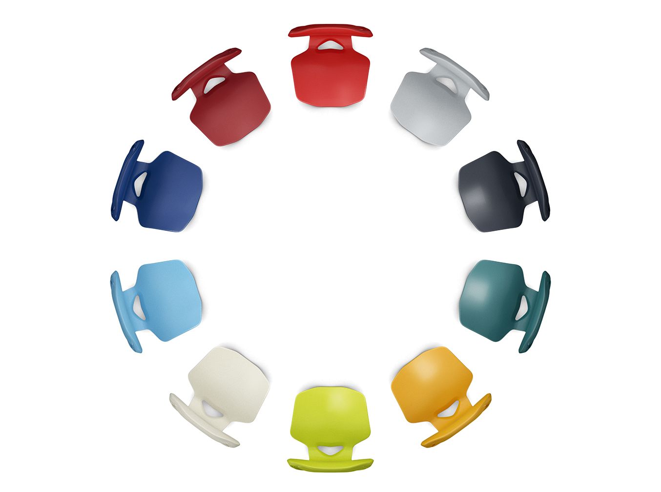 Seat shells of the JUMPER Air students' and office chair by VS in all available colours arranged in a circle