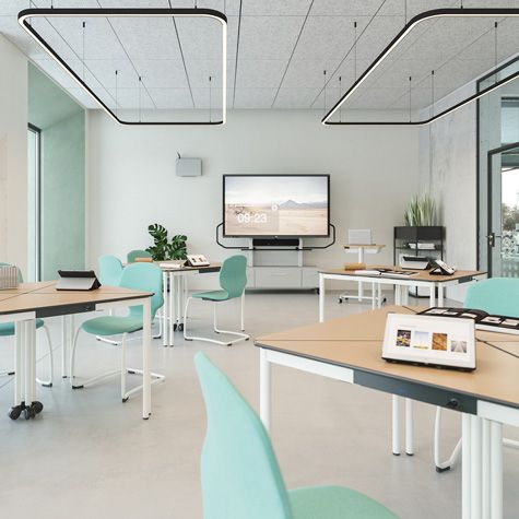 A New Learning group working room with mobile TriTables and JUMPER Air Meet cantilever chairs by VS