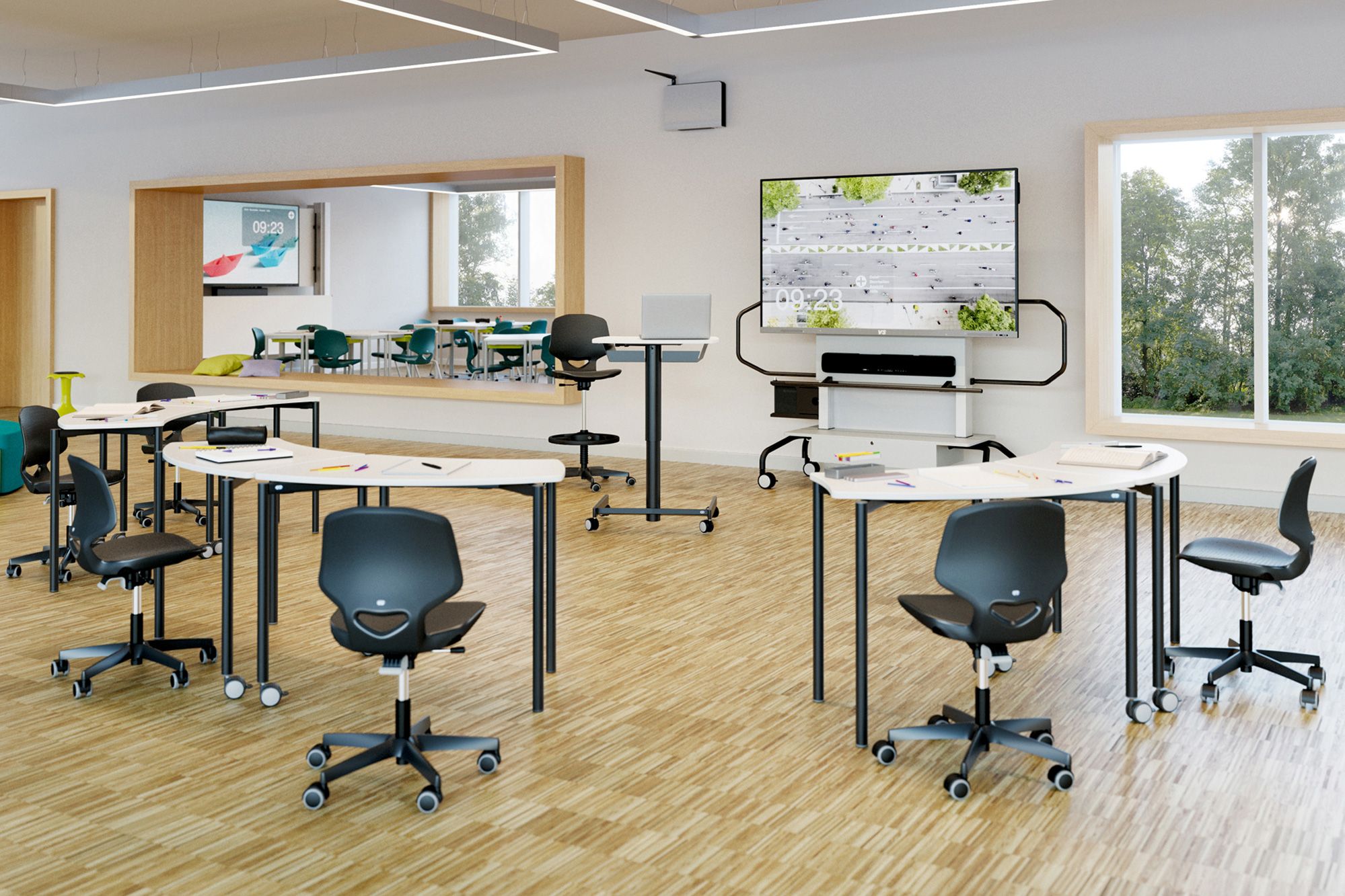 Classroom with MediaBasic whiteboard, Shift+ students' desks and JUMPER Air Move student swivel chairs by VS