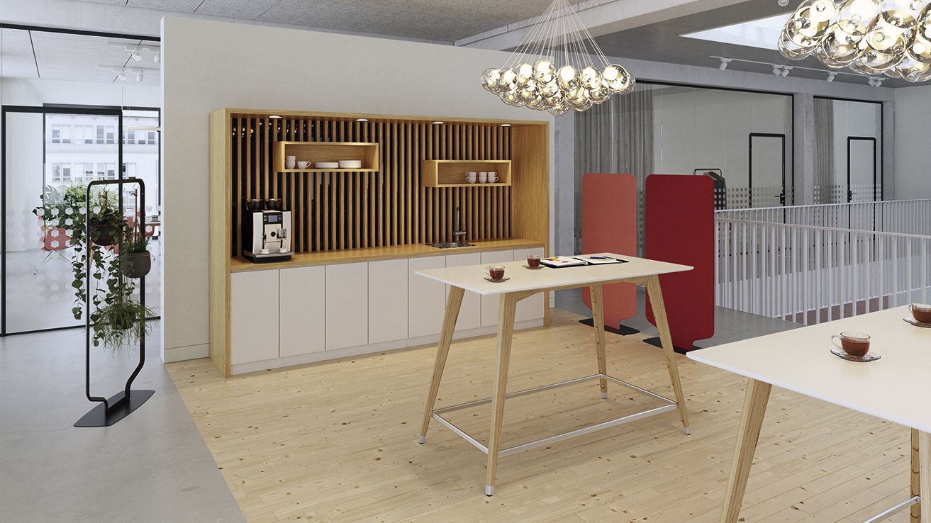 An office coffee kitchen with the high table JustBe by VS