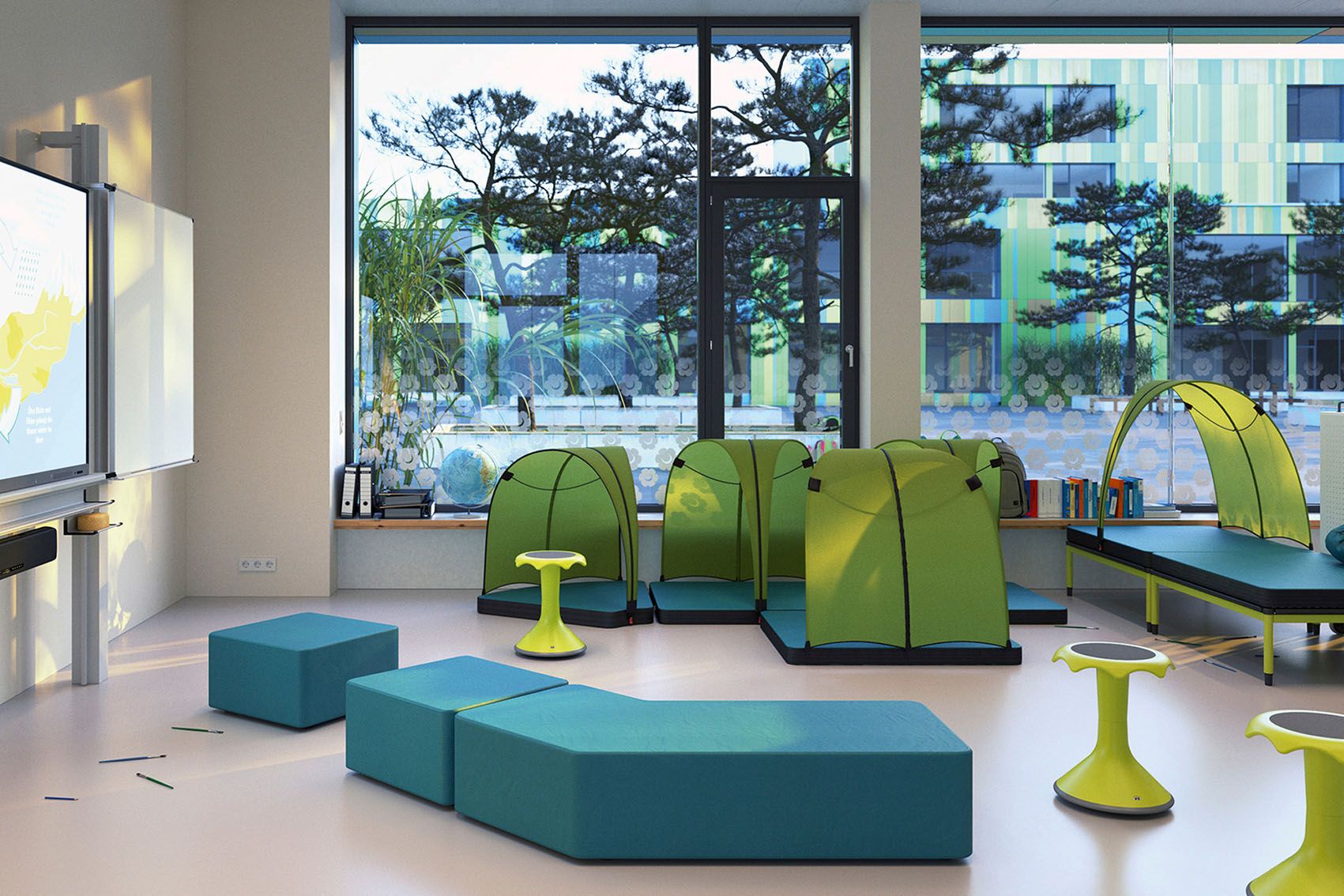 Play corner with padded mats, Hokkis and Leaf tent elements from the FloorFriends series by VS