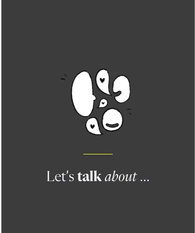 White illustrations of heads with speech bubbles on a black background and the heading ‘Let's talk about...’