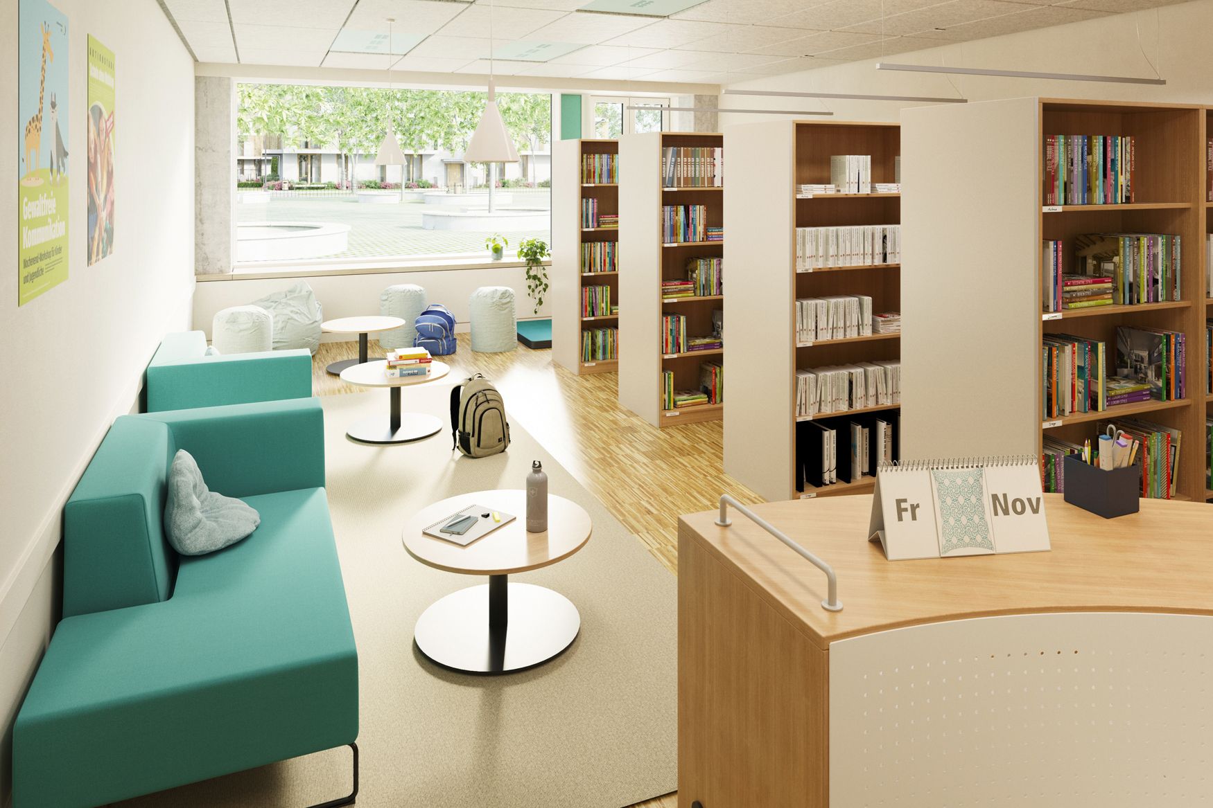 Bibliothèque scolaire avec canapés turquoise, poufs, étagères et comptoir de prêt de VS