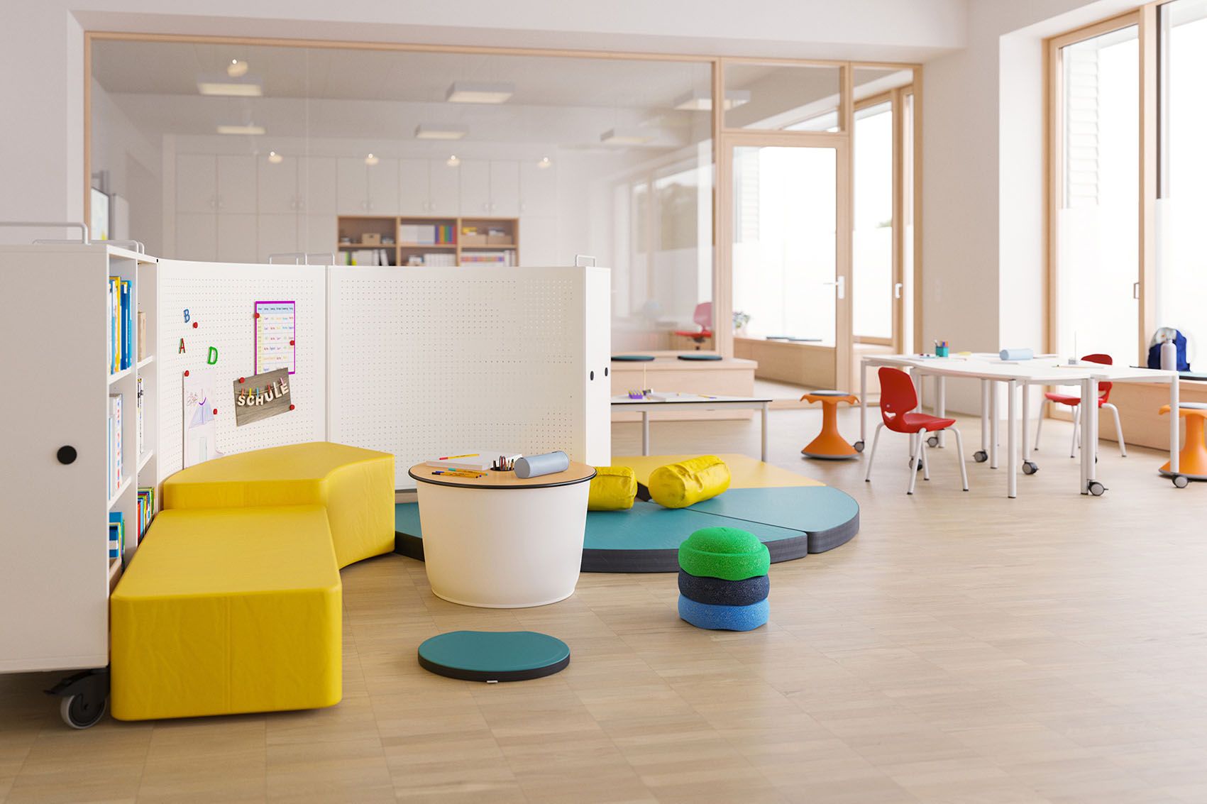 Room concept for a primary school with floor-level furniture from the FloorFriends series by VS