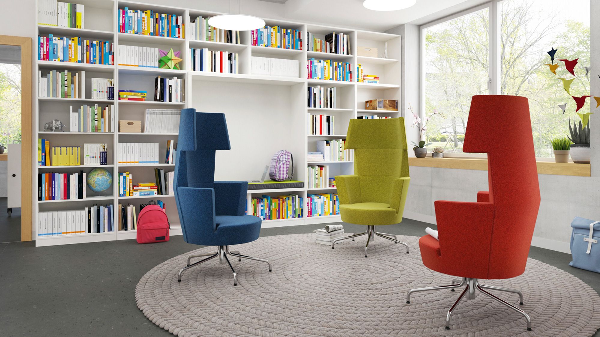 HiBack Sessel der Serie Lounge von VS in einer Schulbibliothek