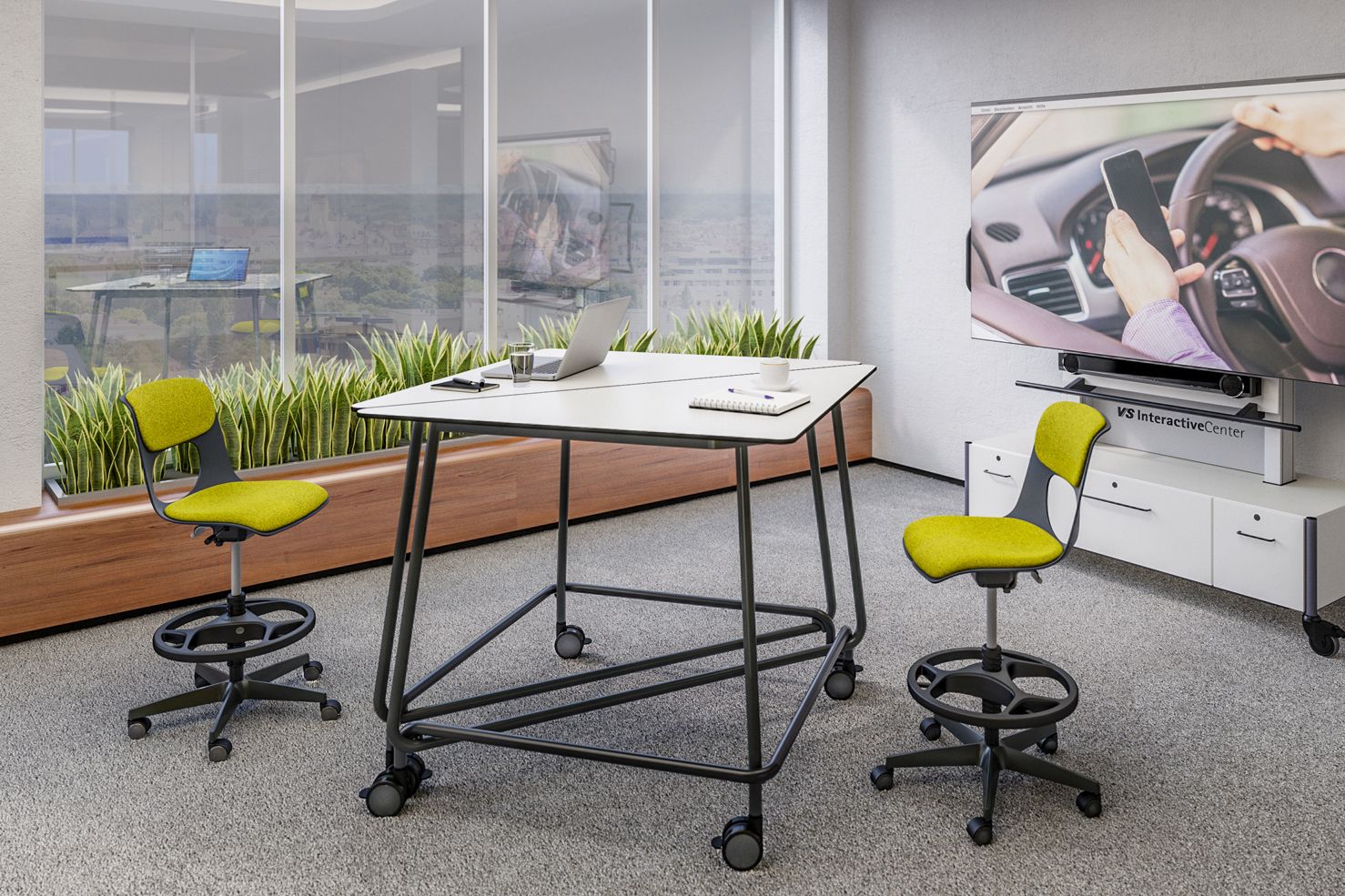 A meeting room with triangular VS TriUnion high tables and upholstered NF-Move office swivel chairs by VS