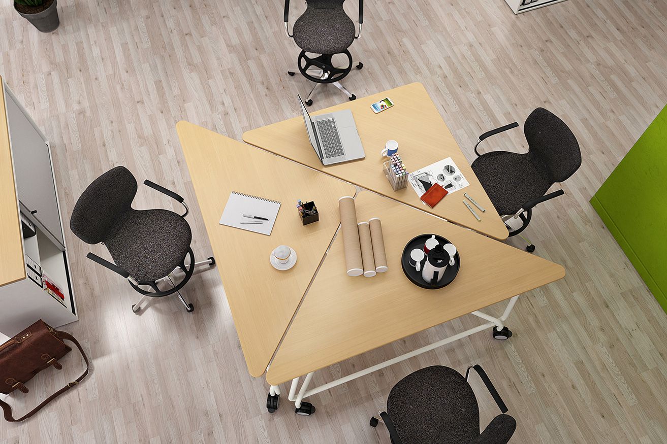 View from above of TriUnion triangular high tables with PantoMove upholstered office swivel chairs