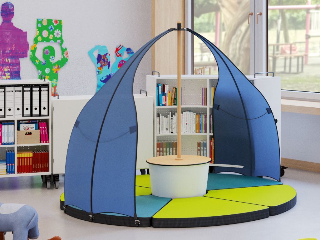 The Leaf tent with padded mats and floor-level Gugl table from the FloorFriends series by VS in a primary school