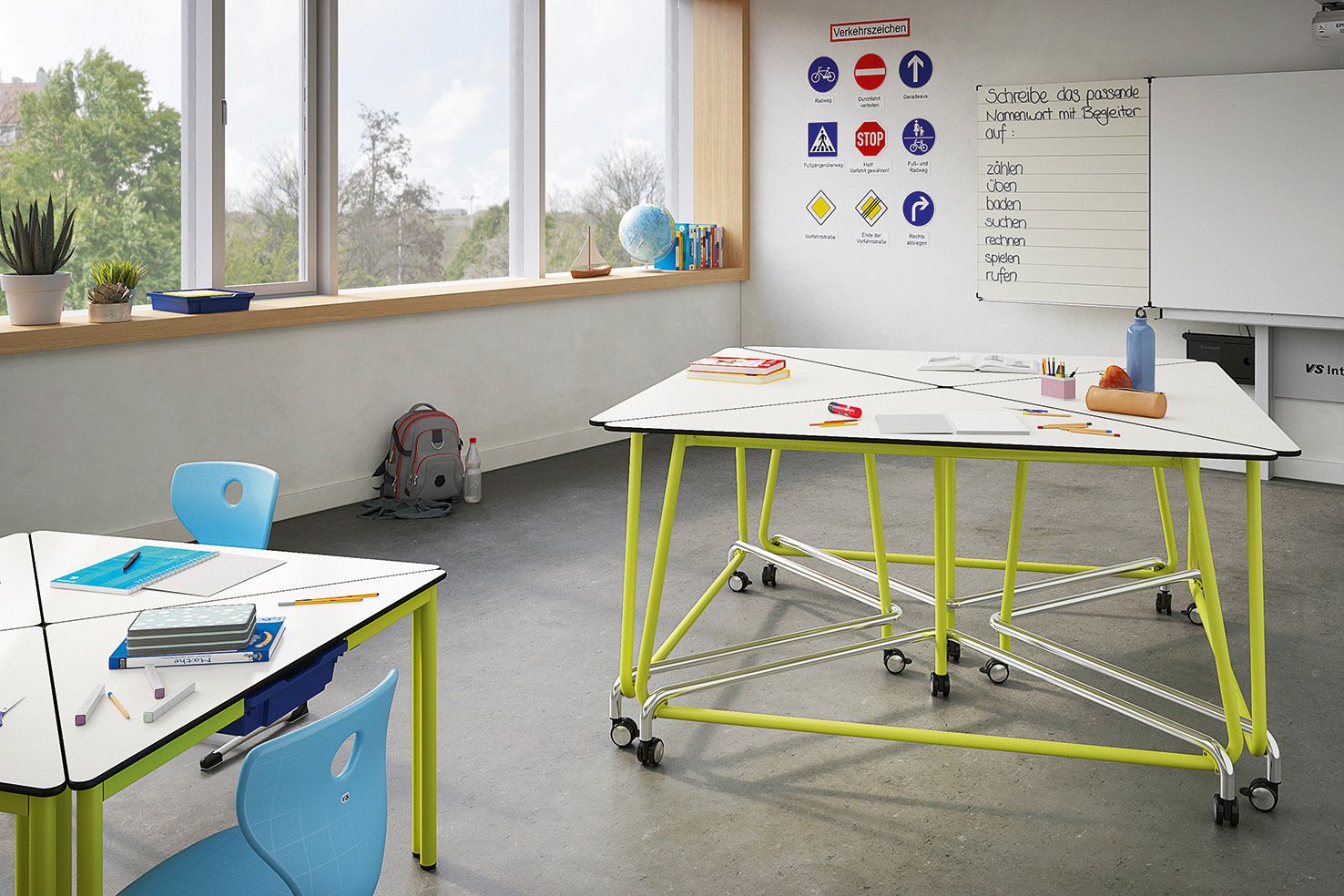 Mobile dreieckige Stehtische TriUnion von VS in einem Klassenzimmer