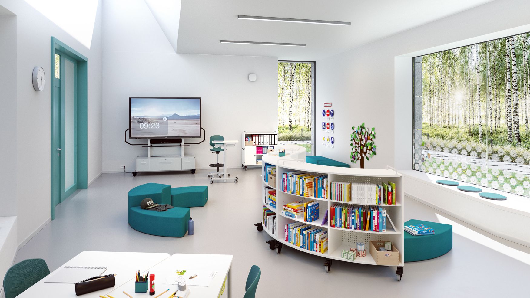 Modern open-plan learning space with mobile cabinets and upholstered seating from the Shift+ series by VS