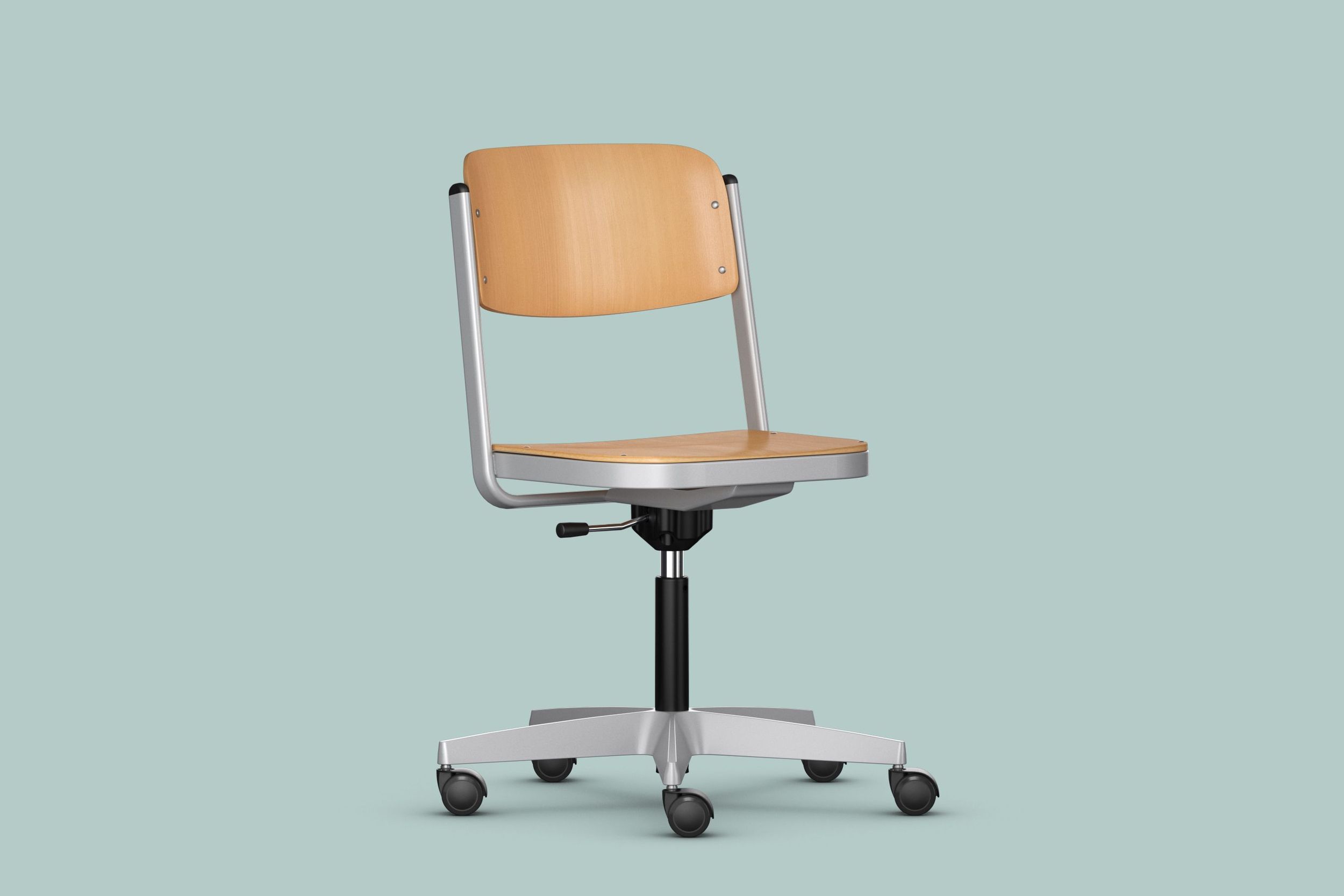 The students' chair with castors BasicTurn can be steplessly adjusted to the correct seat height.