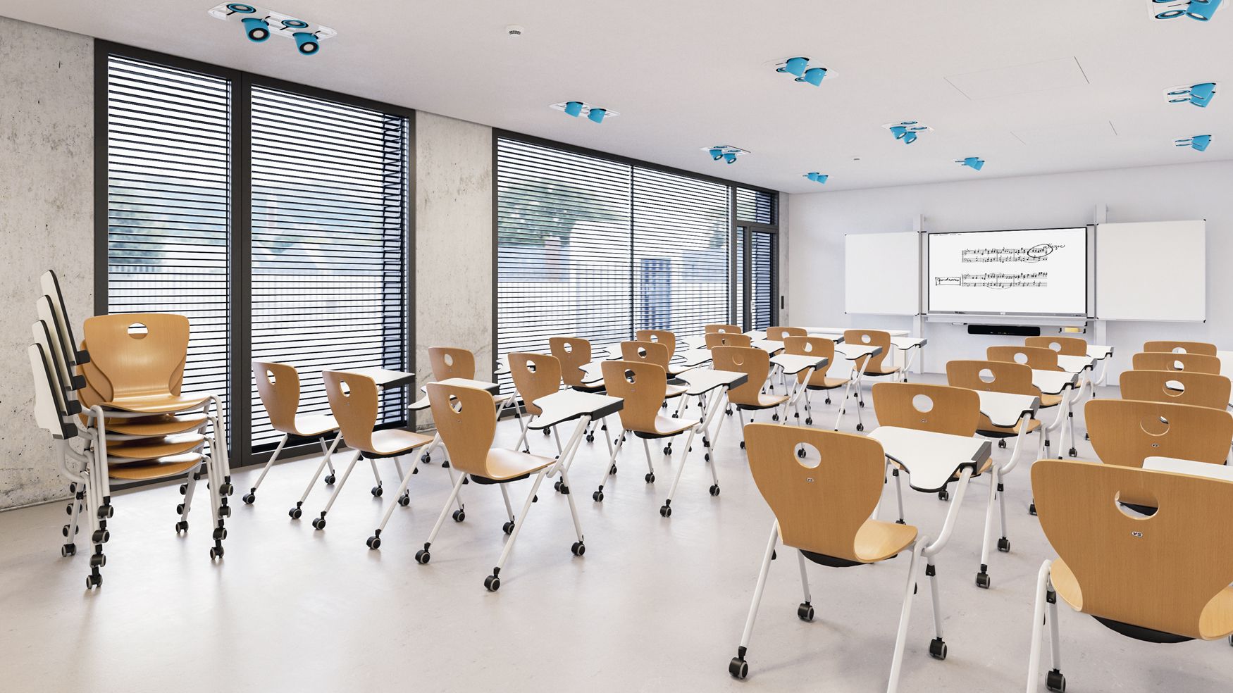 KN-39 students' chairs with writing tablet in front of an interactive whiteboard in a music classroom