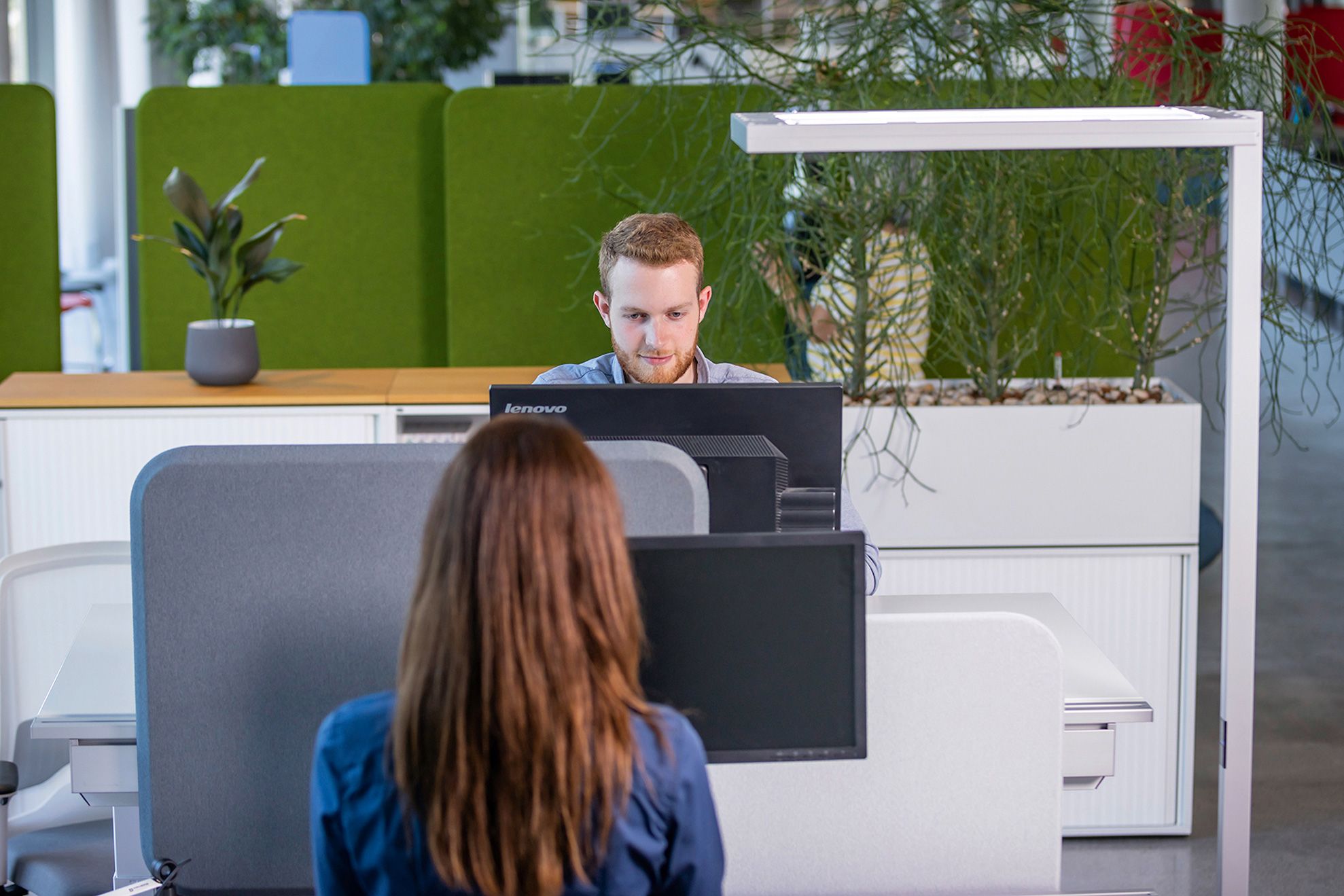 Büroangestellte sitzen an VS-Bürotischen, die mit Blenden voneinander getrennt sind