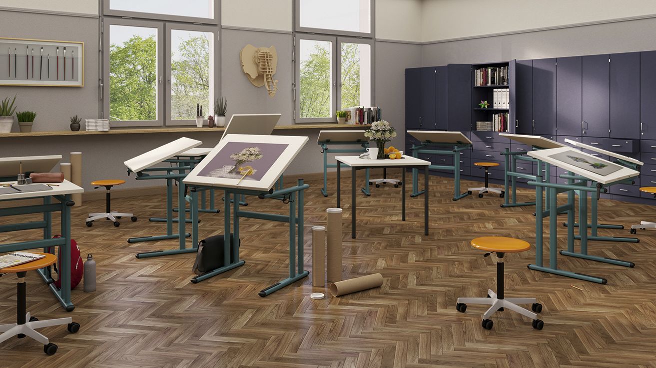 The Ergo students' desks by VS were tilted up for art class