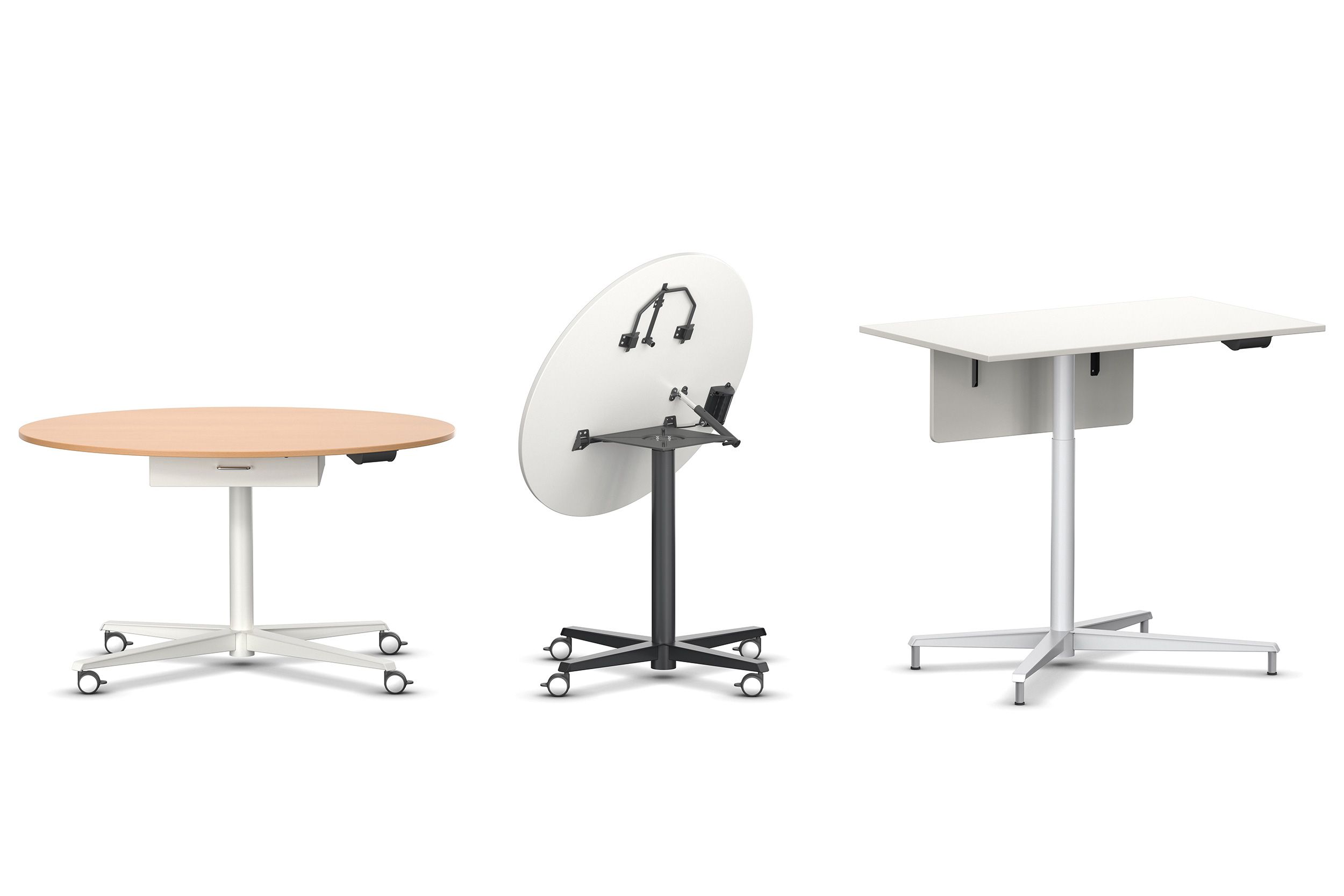 The VS table Rondo in various versions: round with a drawer, with a tilting table top or square with an under-desk screen