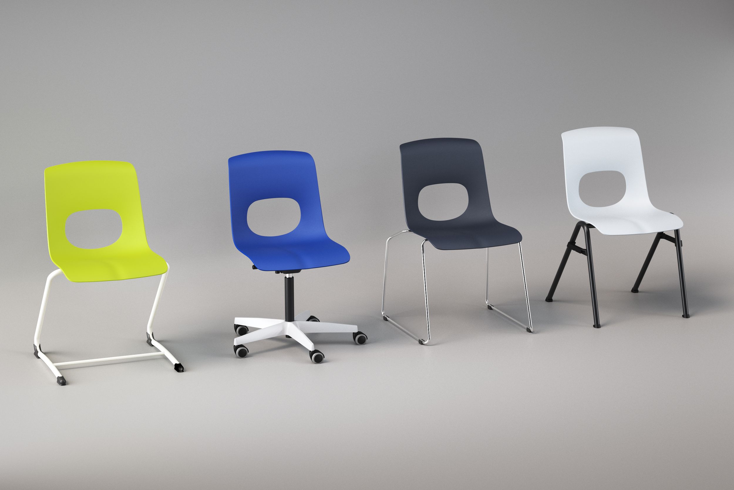 The four versions of the VS-NF chair side by side: as a cantilever chair, swivel chair, wire frame chair and four-legged chair