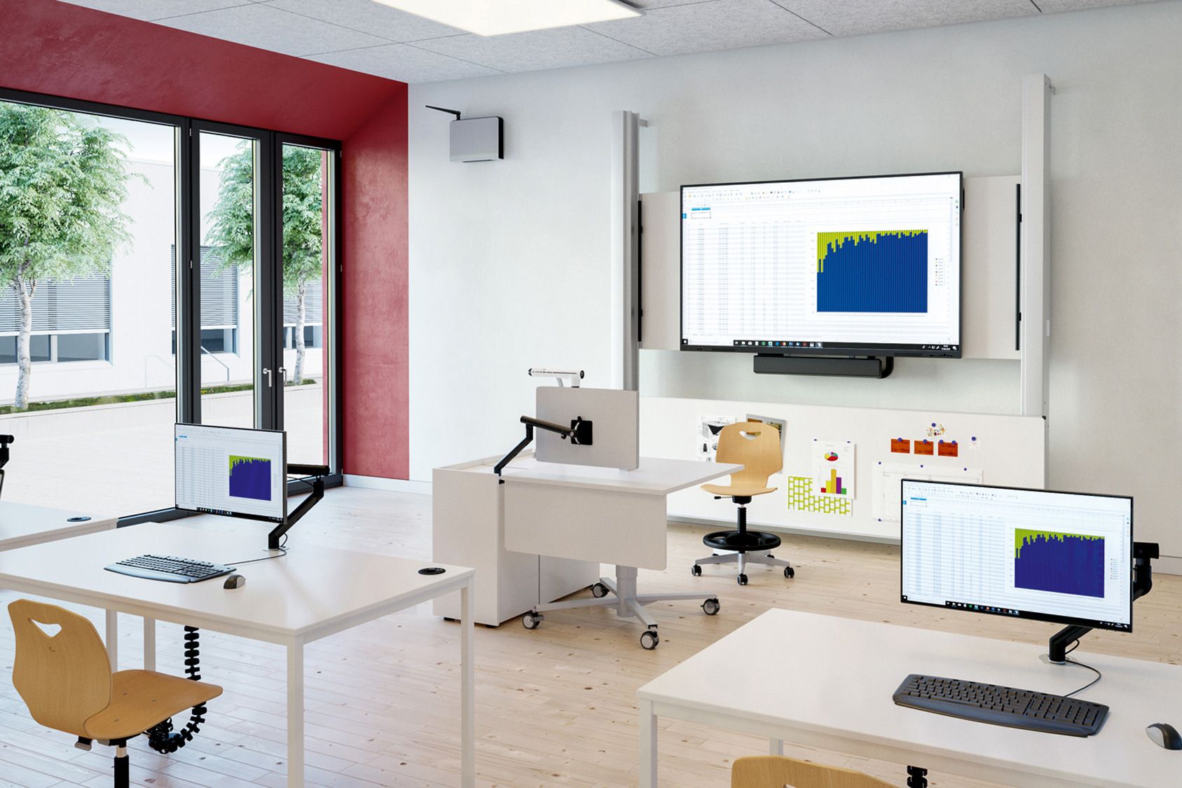 Ein Klassenzimmer mit interaktivem Display als Tafel und Computerarbeitsplätzen an jedem Schultisch von VS.