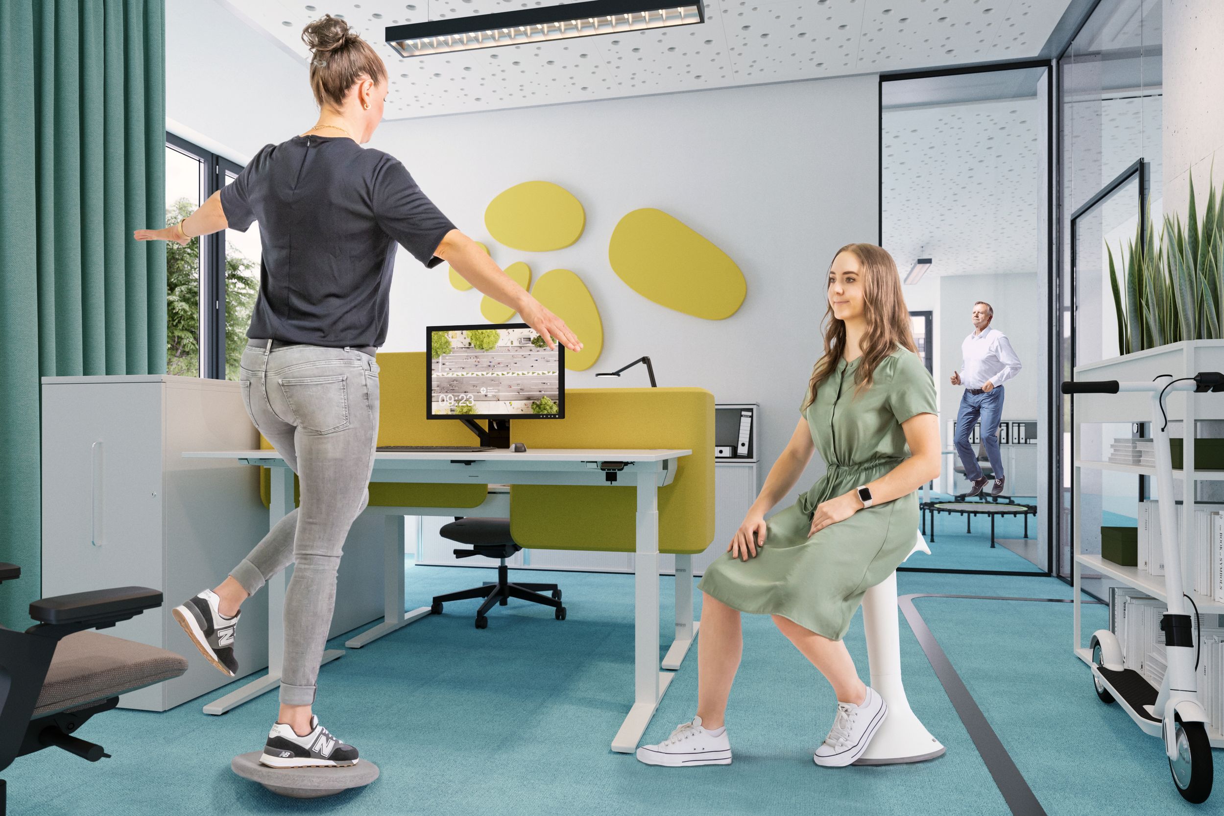 femme en équilibre sur une demi-sphère de la série FloorFriends de VS dans un bureau moderne avec Hokki et trampoline